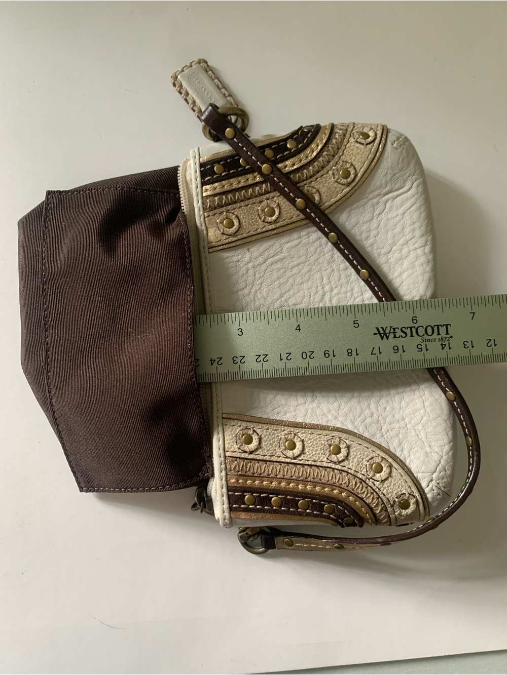 Coach Soho Embroidered Stitch Studded Wristlet, Pebbled White Leather, Gold Stud - Picture 13 of 14